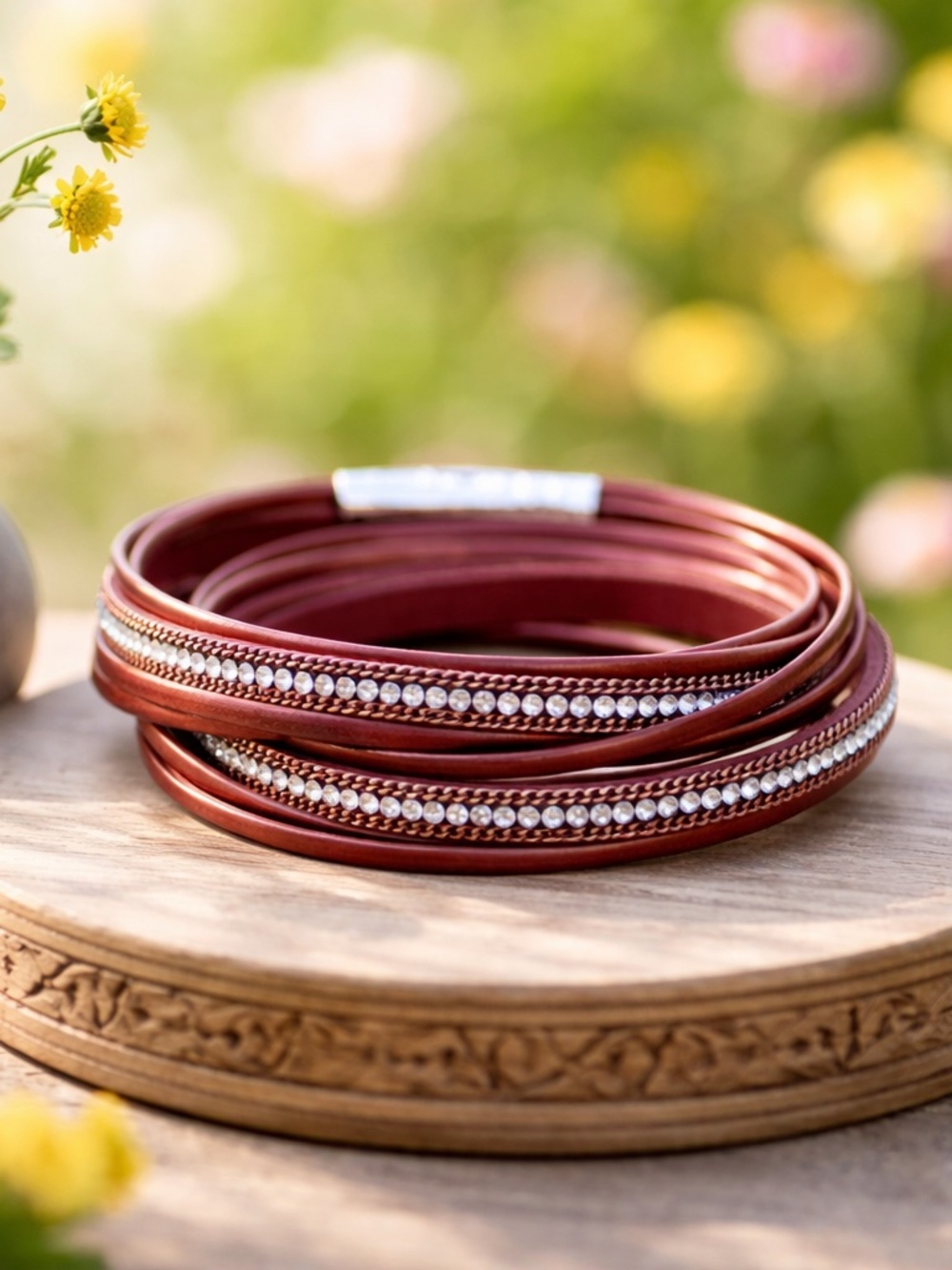 New Burgundy Cruelty Free Leather Crystal Wrap Bracelet with Magnetic Clasp
